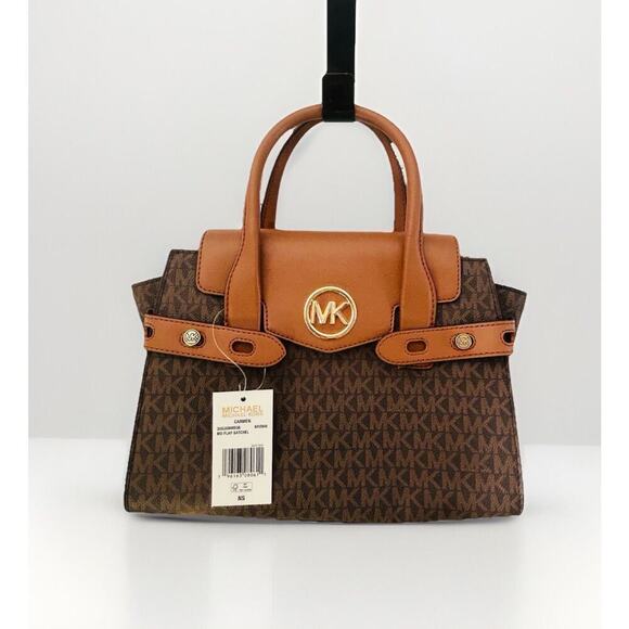 NWT Michael Kors Carmen Medium Flap Satchel Brown Handbag MK Crossbody Bag Purse - Picture 3 of 16
